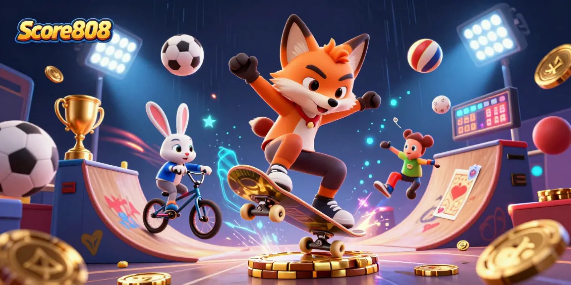 Score808 delivers thrilling live sports with vibrant scenes of action and excitement, showcasing sports balls and casino activities.