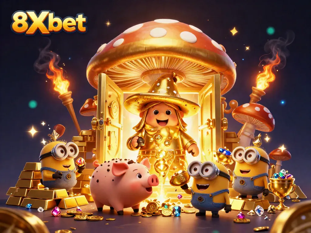 Experience the thrill of 8Xbet with magical illustrations of a golden mushroom wizard and treasure