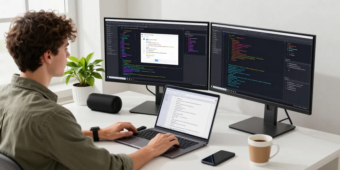 Developer coding at a modern workspace illustrating telegraimin.com functions and features.