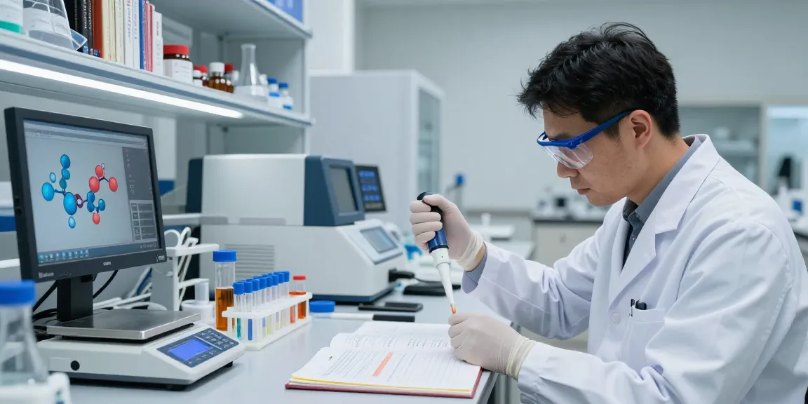 Copper peptide research underway in a scientific laboratory, featuring a scientist analyzing solutions and data.