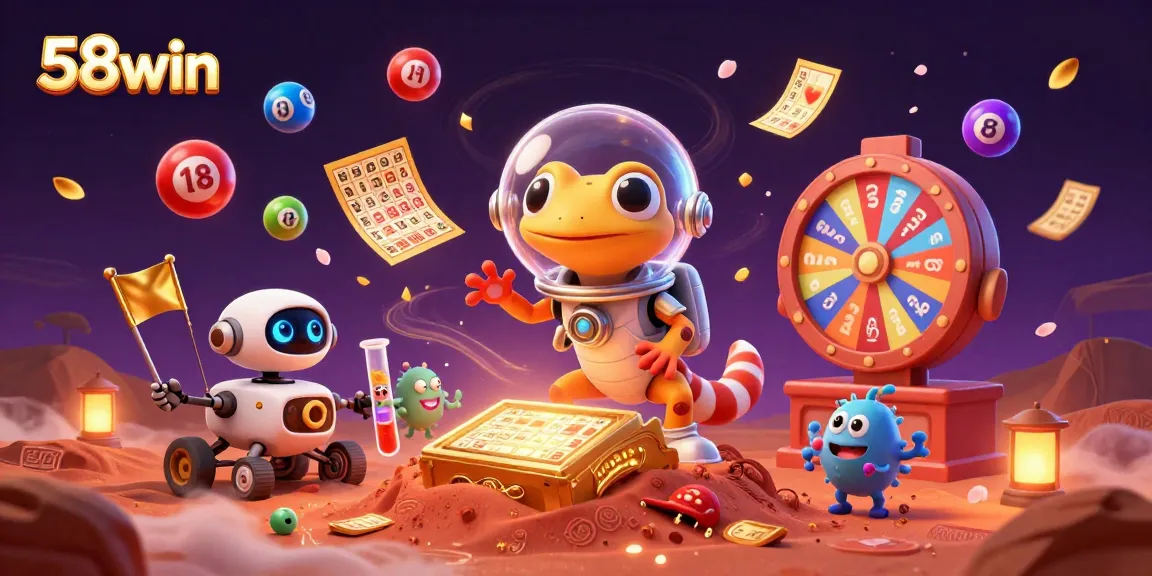 Engage with 58win's immersive casino experience as a Martian gecko discovers treasures among colorful lottery elements.