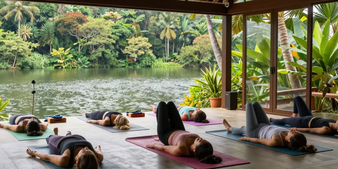 Vinyasa yoga retreat Sri Lanka with participants practicing yoga by Koggala Lake.