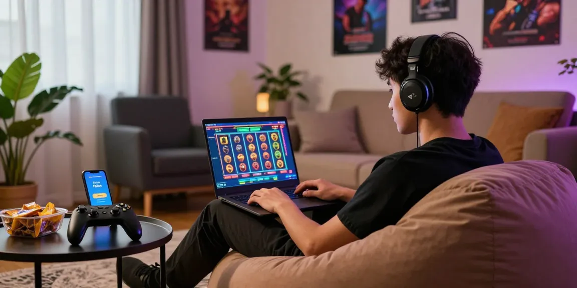 Engaging online player enjoying deposit pulsa tanpa potongan in cozy living room.