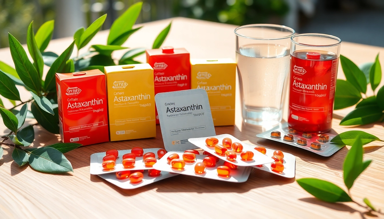 Showcase blister packed astaxanthin supplements with vibrant packaging on a wooden table, surrounded by natural elements.