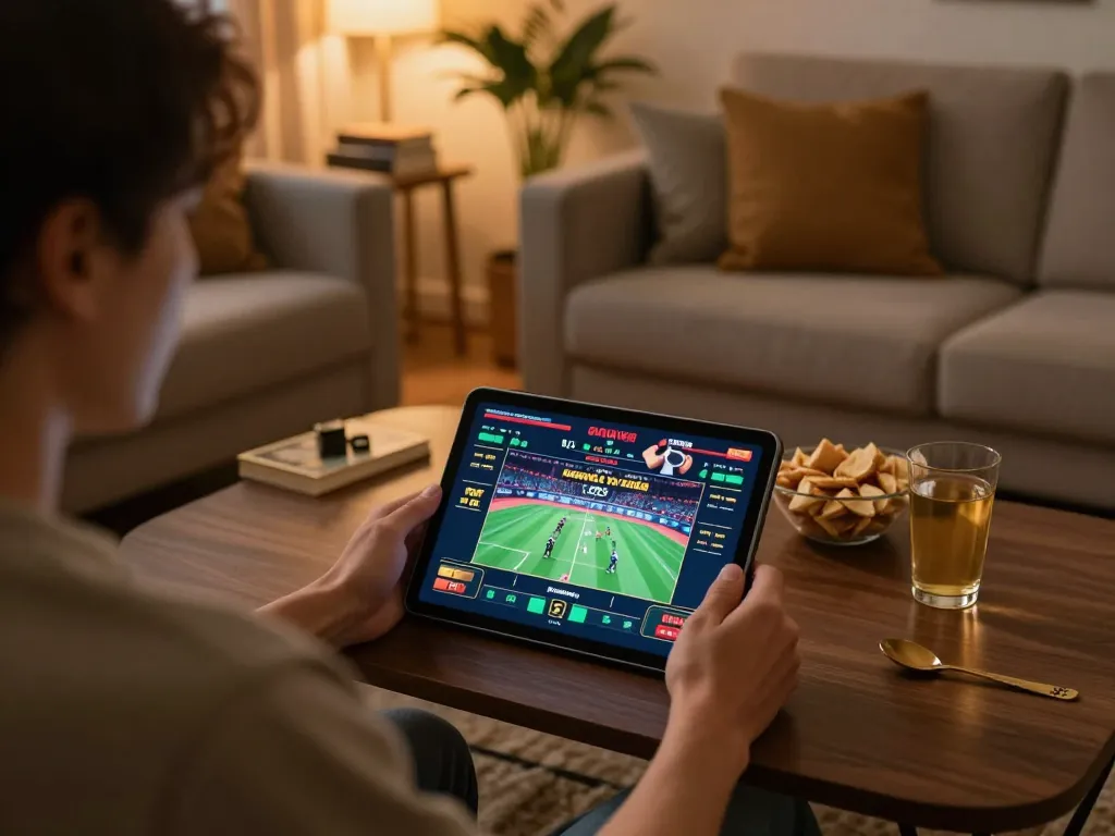 Engaging in đá gà trực tiếp cpc5 betting using a tablet in a cozy home environment, highlighting strategic online gameplay.