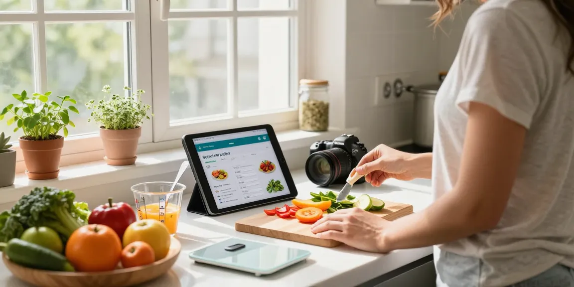 Person using the best food tracker app in a bright kitchen, preparing a healthy meal with fresh ingredients.