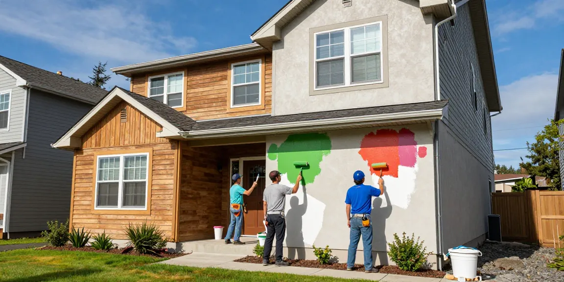 Exterior house painters Beaverton applying eco-friendly paint on a vibrant two-story home.