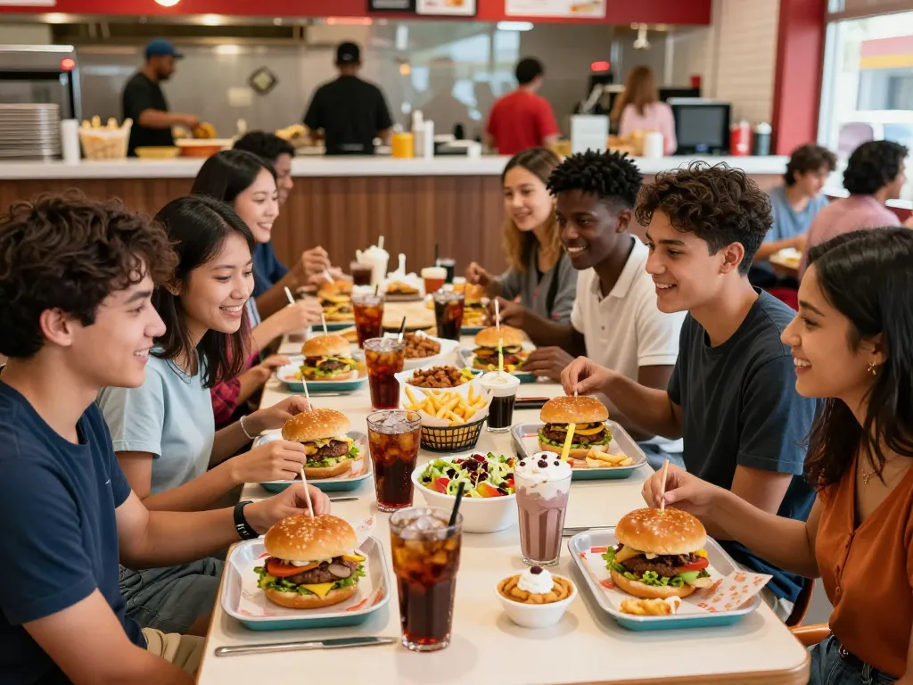 Group enjoying a delicious fast food menu with burgers, fries, and drinks.