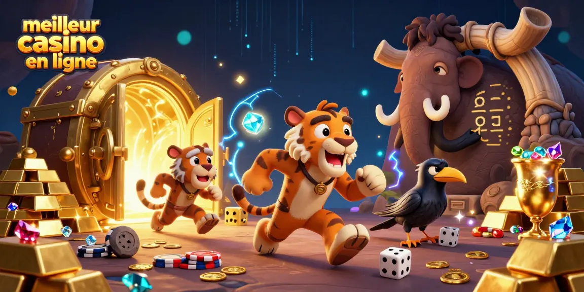 Découvrez le meilleur casino en ligne avec une illustration captivante de personnages préhistoriques et des trésors.
