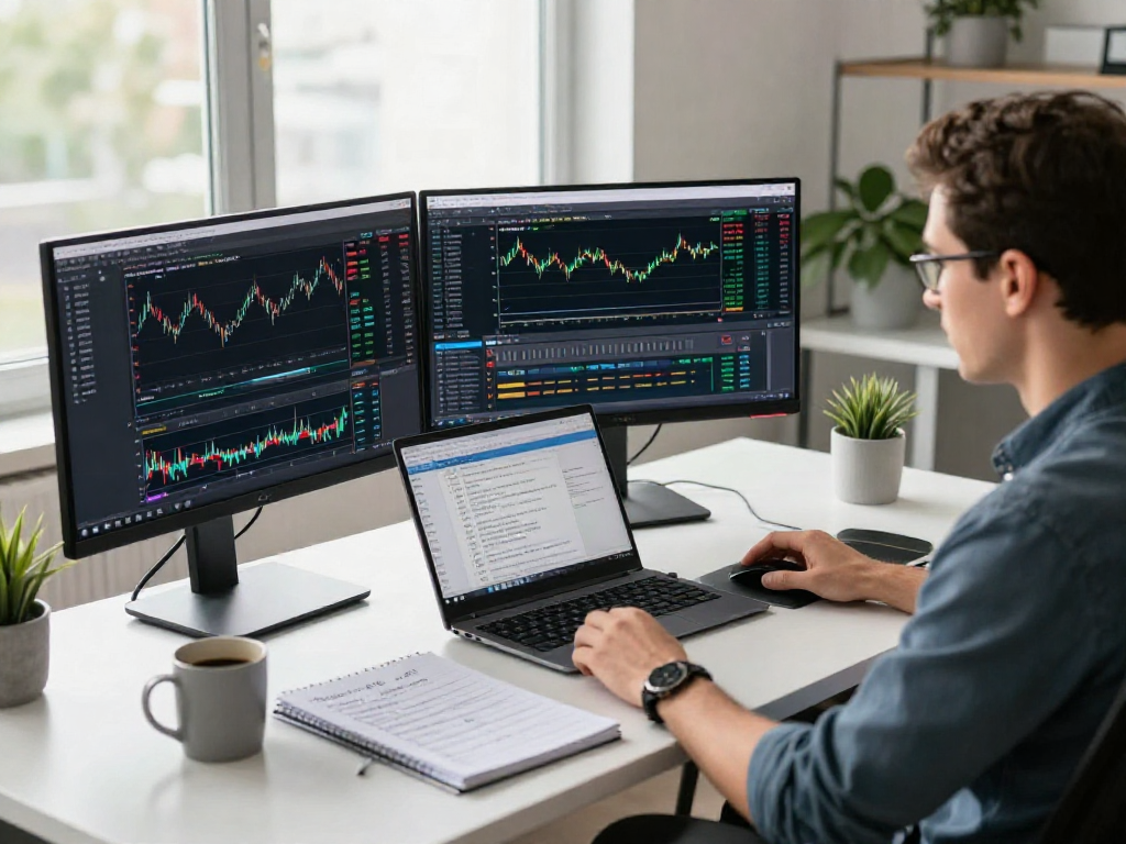 在清新现代的办公环境中，交易者使用MetaTrader 5进行交易分析和市场监控。