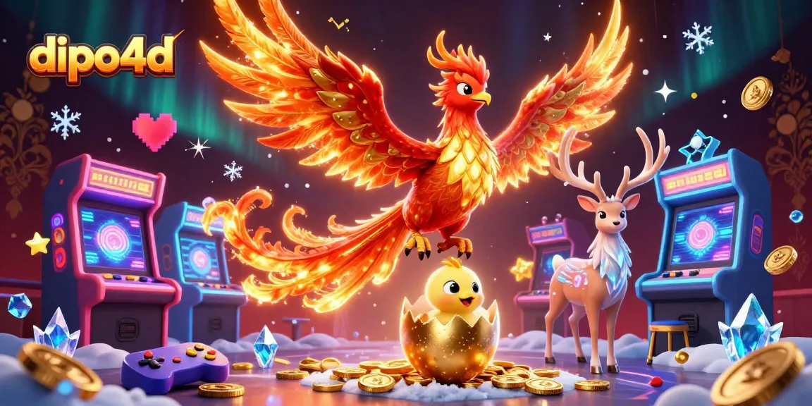 Engage in thrilling gaming at dipo4d with a vibrant 3D illustration of lucky symbols and characters.