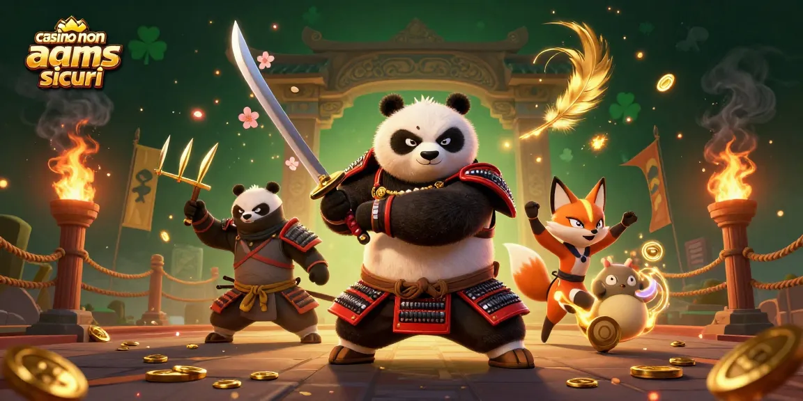 Interagisci con la scena emozionante dei casinò non AAMS sicuri con un panda samurai e una volpe ninja in azione.