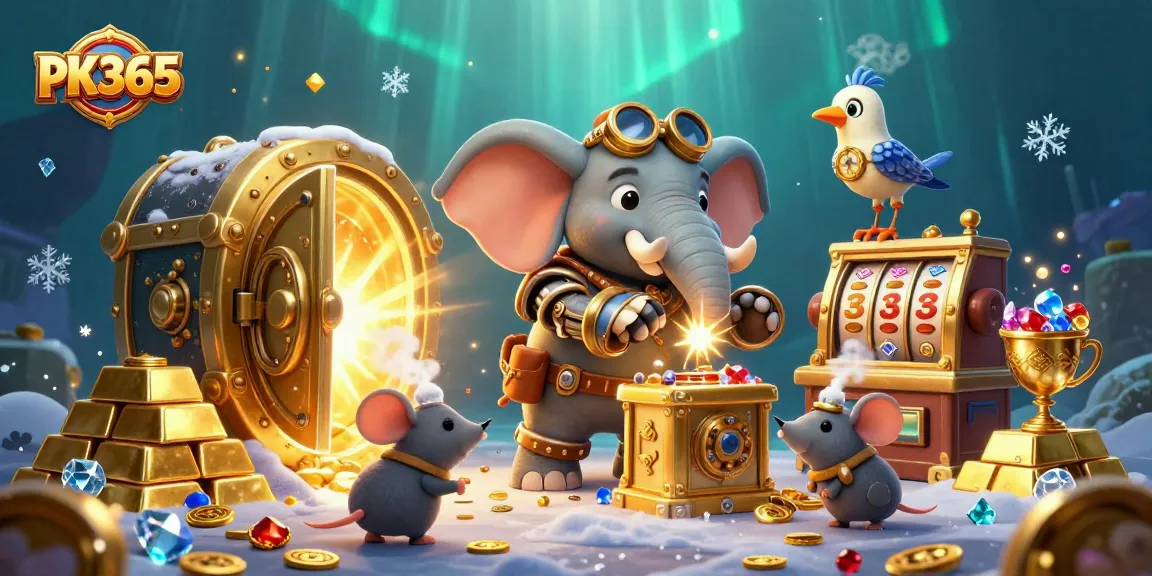 Engage with PK365 as the steampunk elephant operates a golden slot machine with animated treasures bursting forth.