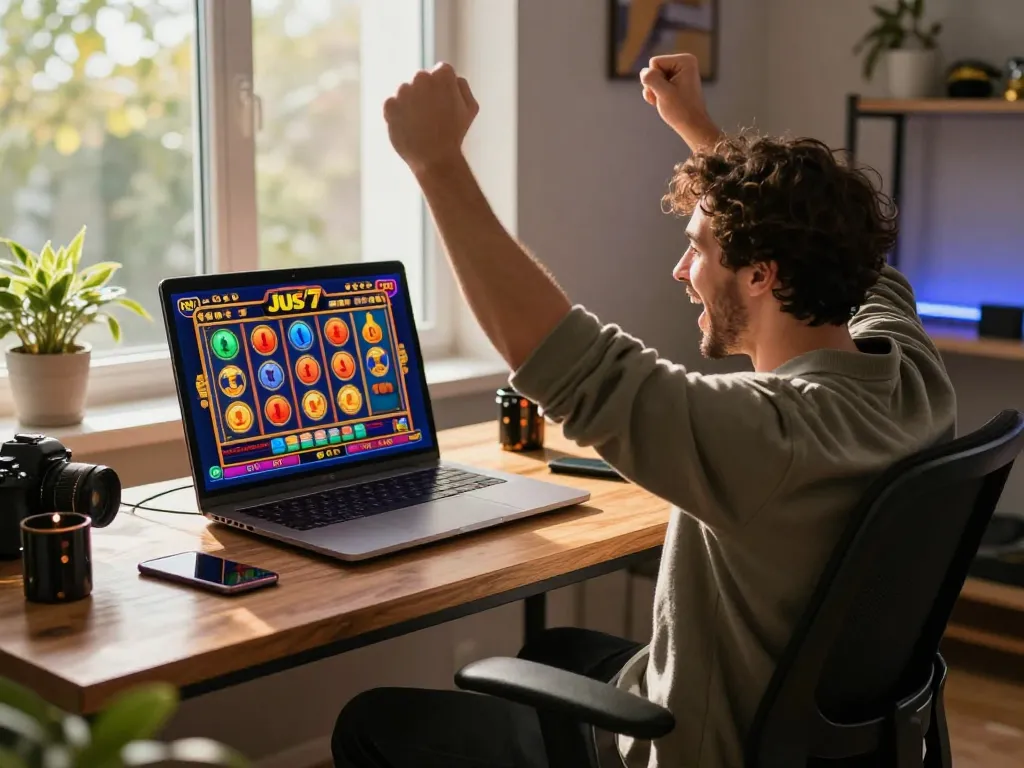 Celebrating a win on Jus77 slot game in a vibrant home office, showcasing excitement.