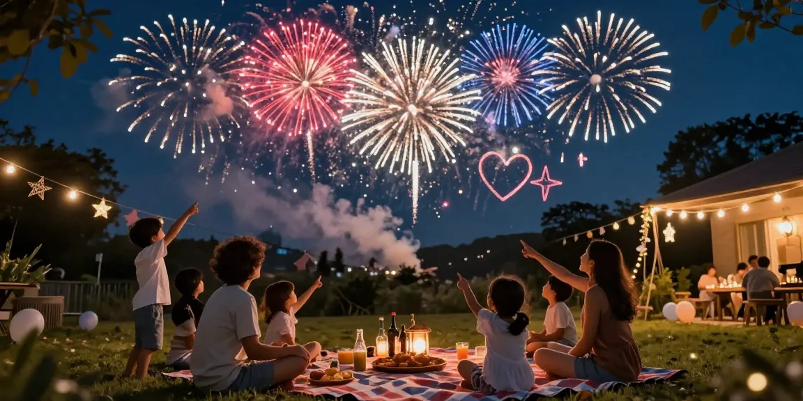 Dynamic family backyard celebration featuring vibrant fireworks for sale lighting the night sky.