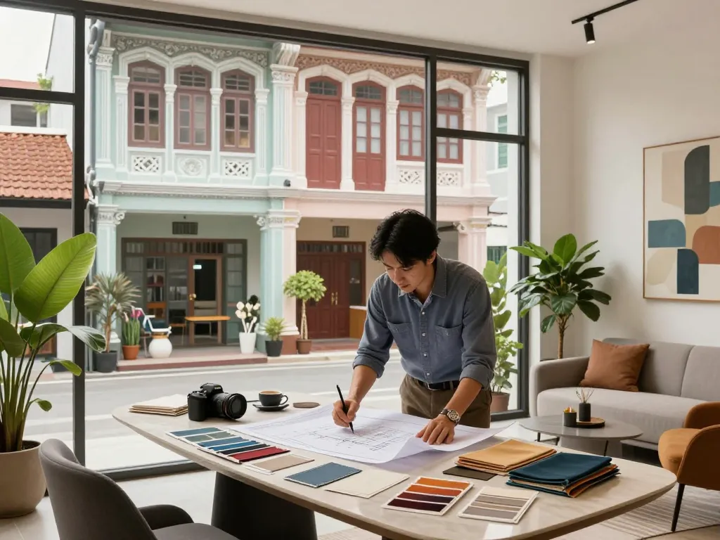 Shophouse renovation showcasing a designer planning modern updates, blending classic charm with contemporary design.