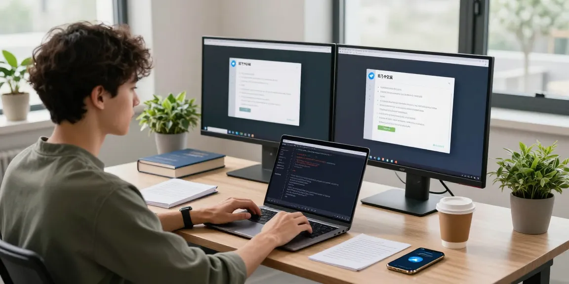 Developer using 纸飞机中文版 on dual monitors in a modern tech workspace.