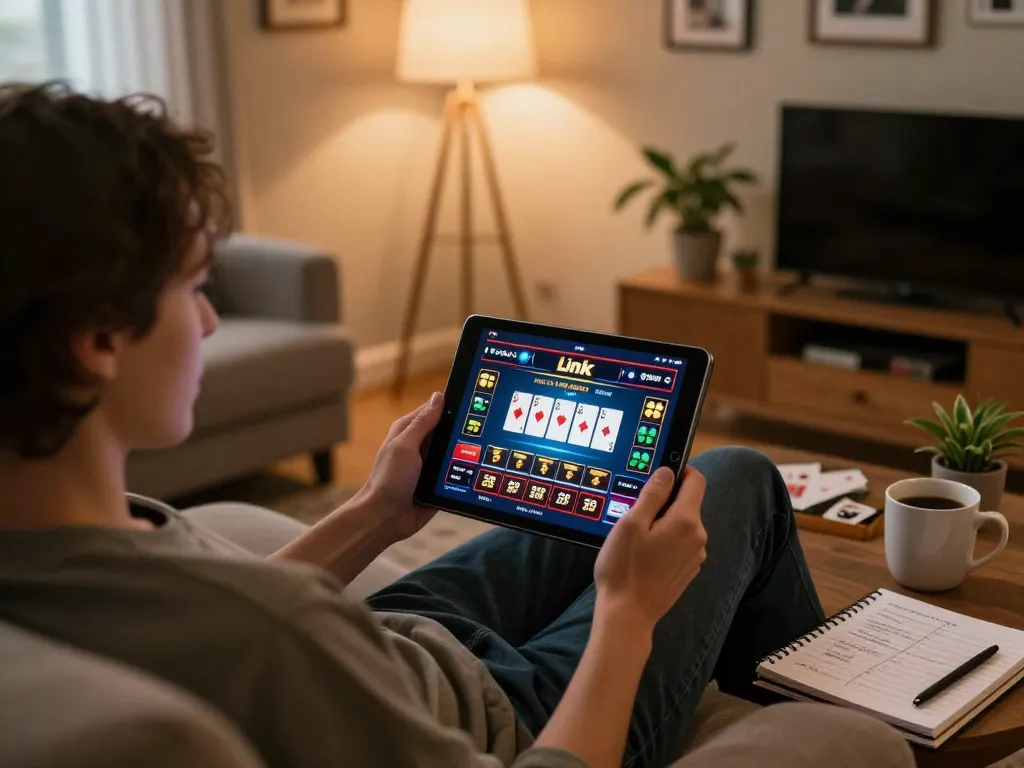 Engaging in online casino gaming through the Link FB88 interface at a cozy home setup with strategic notes.