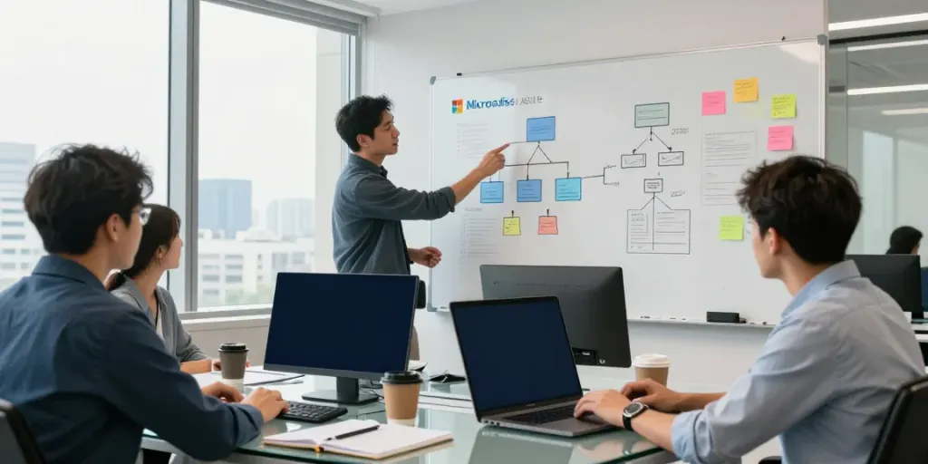 Engineers collaborating on Microsoft Azure cloud managed services in a modern office.