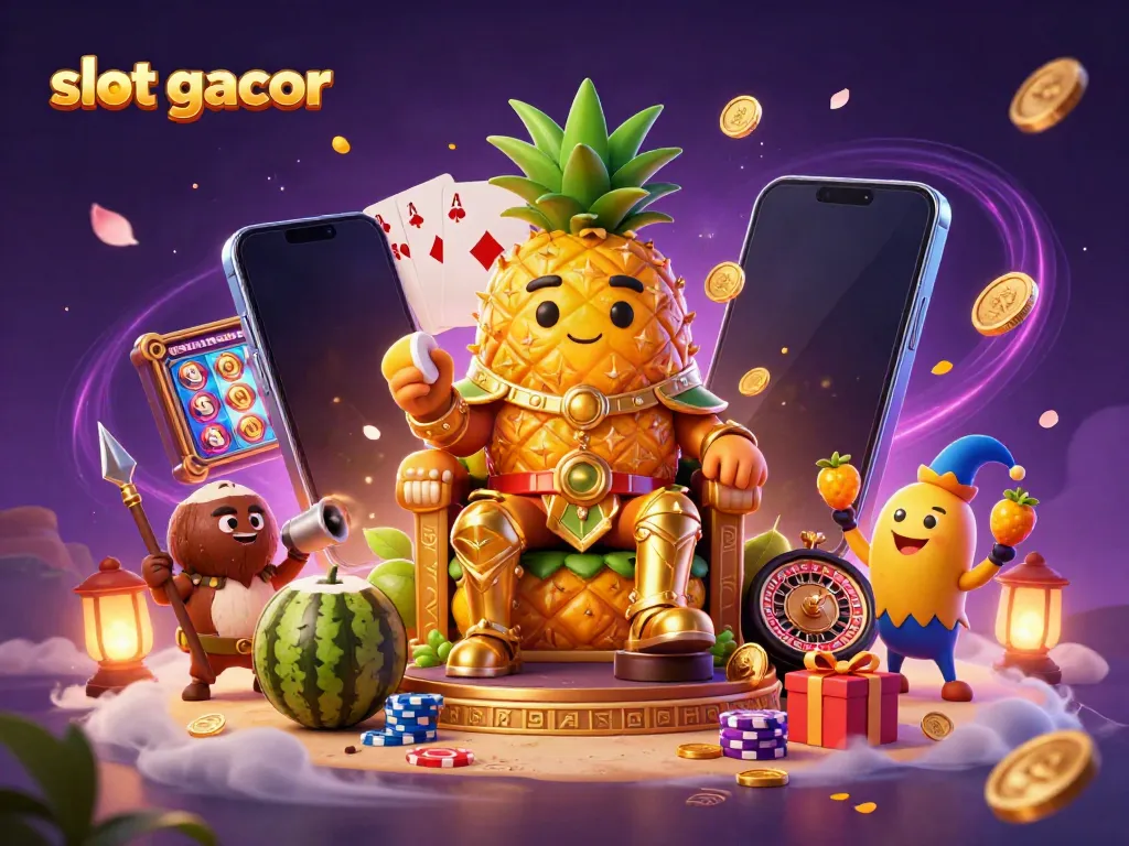 Experience exciting gameplay with slot gacor as golden coins erupt from a smartphone alongside vibrant casino characters.