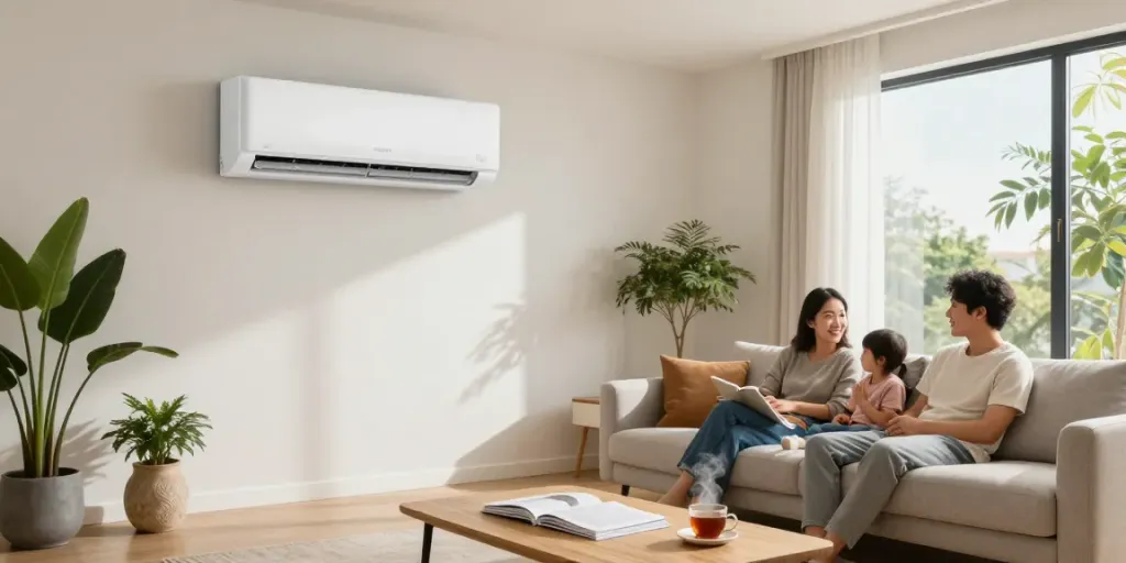 Living room with a family enjoying comfort while a 12000 btu mini split air conditioner maintains a cozy atmosphere.