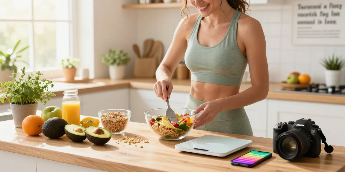 Joyful person using the best calorie tracker while preparing a healthy breakfast in a sunlit kitchen.