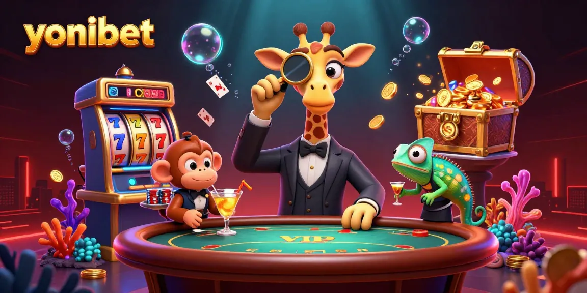 Experience the vibrant yonibet casino atmosphere with a high-roller giraffe, monkey valet, and chameleon bartender at a slot table.
