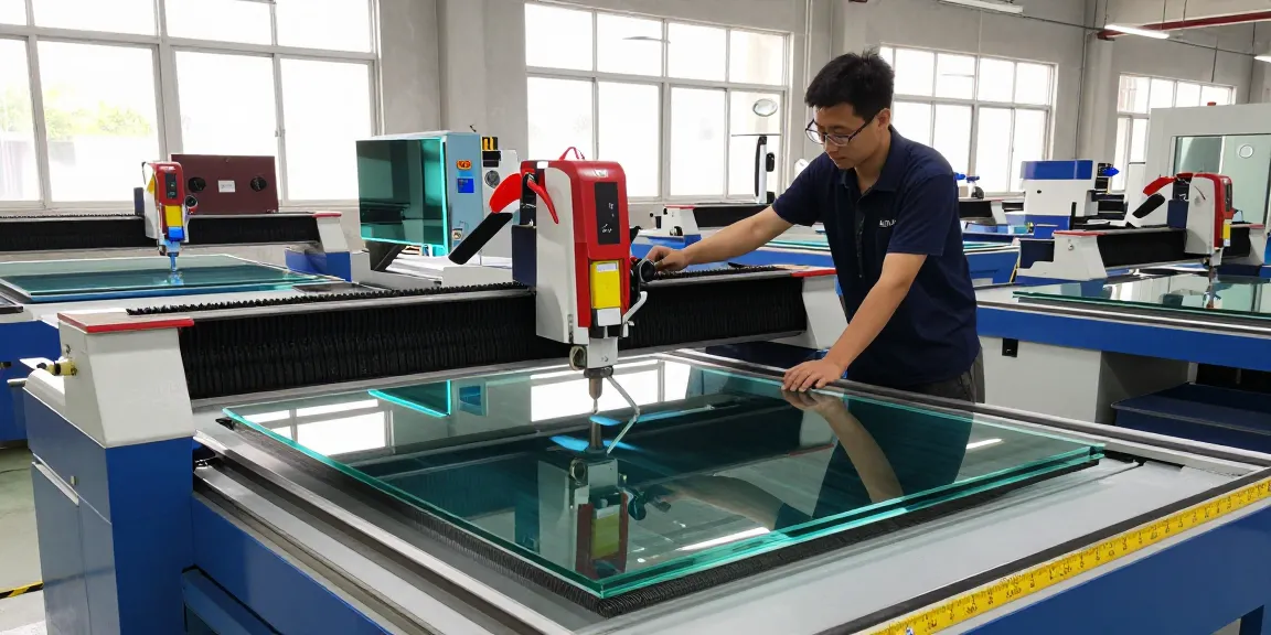 Technician at CNC glass cutting table in a bright industrial workspace.