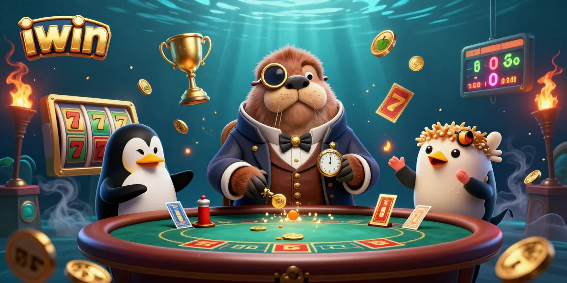 Engage with iwin in a vibrant underwater casino scene featuring a jolly walrus and dramatic gaming elements.