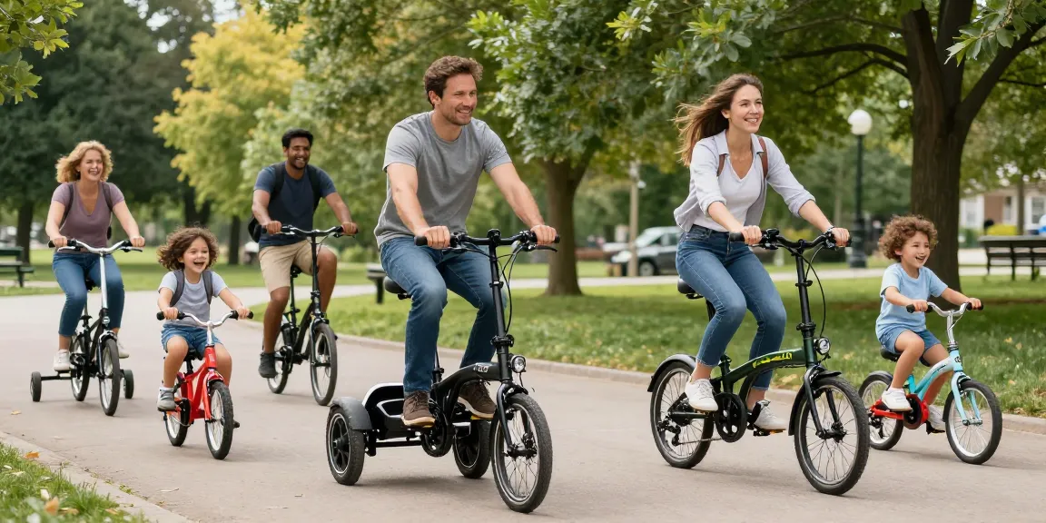 Adults and kids riding tricycles in a sunny park, promoting freedom and fun.