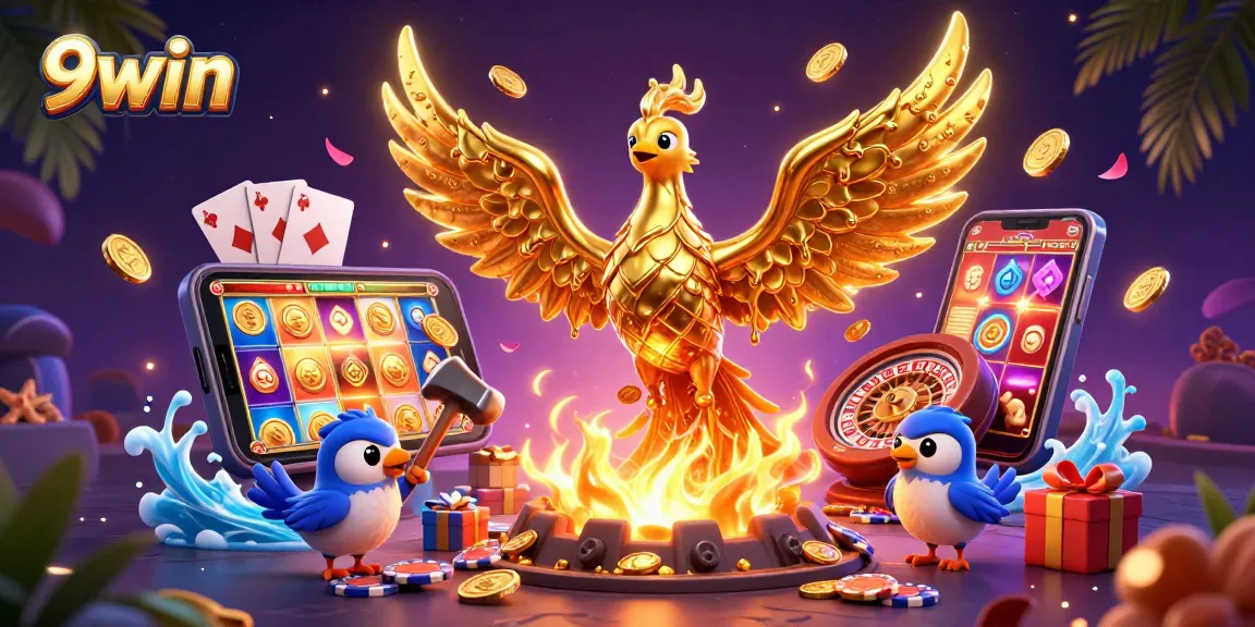 Experience thrilling gaming with 9win's vibrant phoenix and golden casino elements.