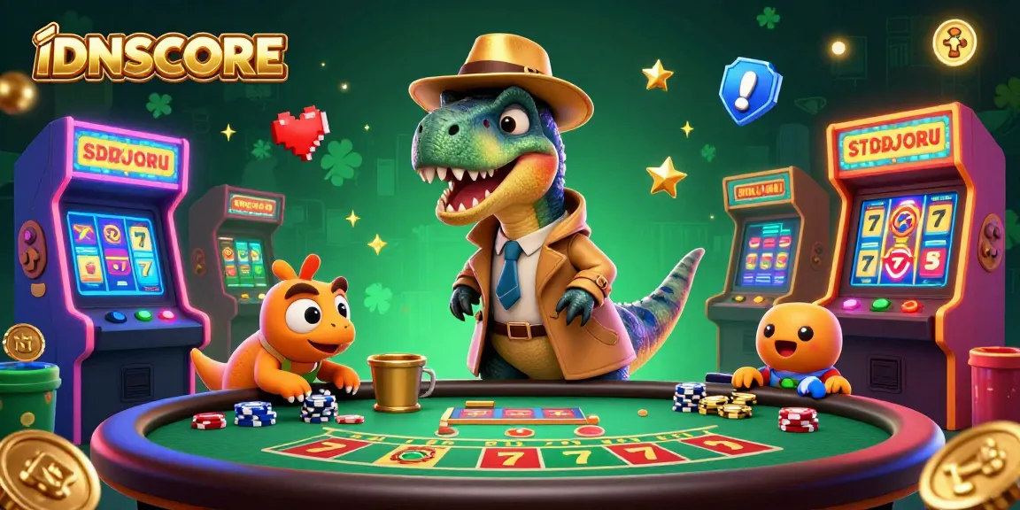 Experience thrilling gaming at IDNSCORE with cartoon velociraptor playing blackjack amidst colorful casino elements.