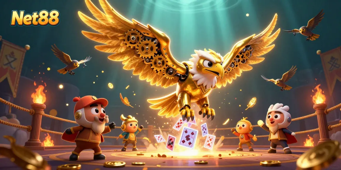 Experience thrilling action at Net88 with a cybernetic eagle amid holographic gameplay in an energetic scene.
