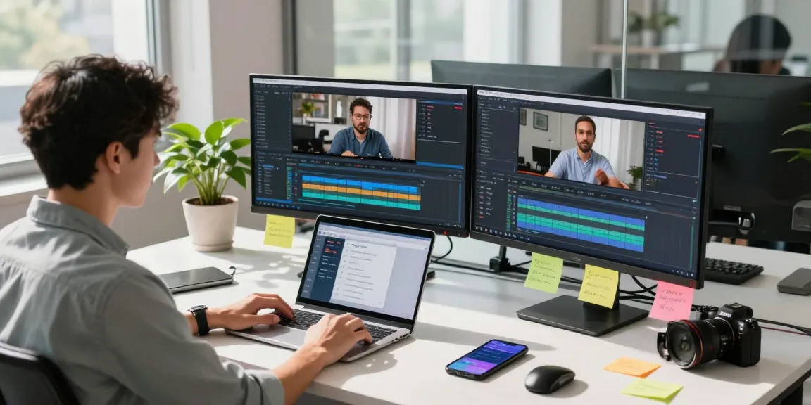 Tech workspace featuring AI video prompt generation tools, person analyzing video data with multiple screens and a laptop.