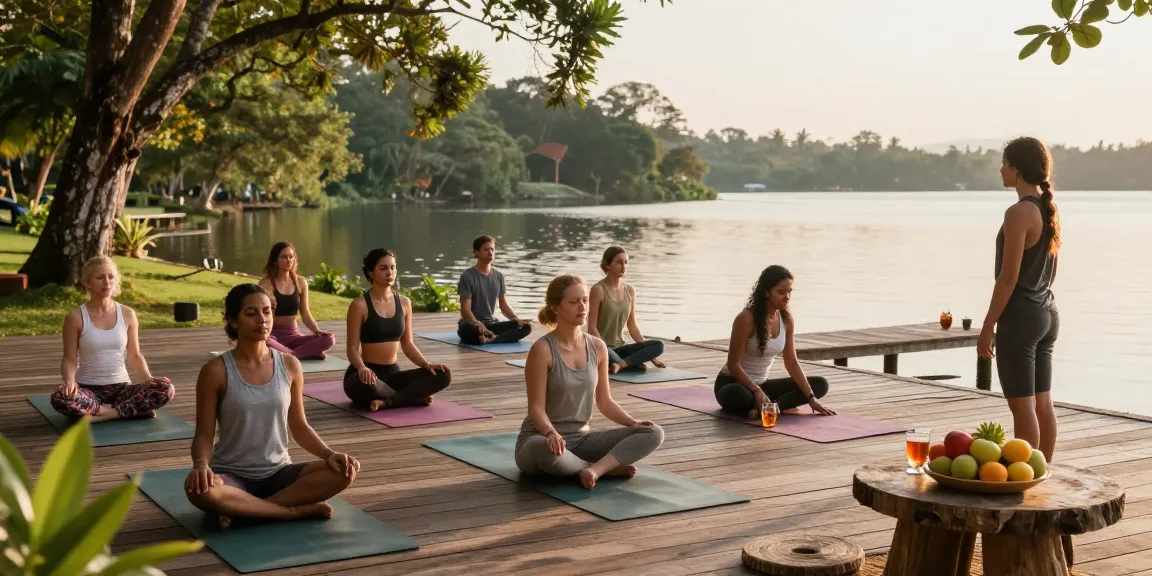Yoga teacher training Sri Lanka scene with diverse students practicing by the serene Koggala Lake in a tranquil environment.