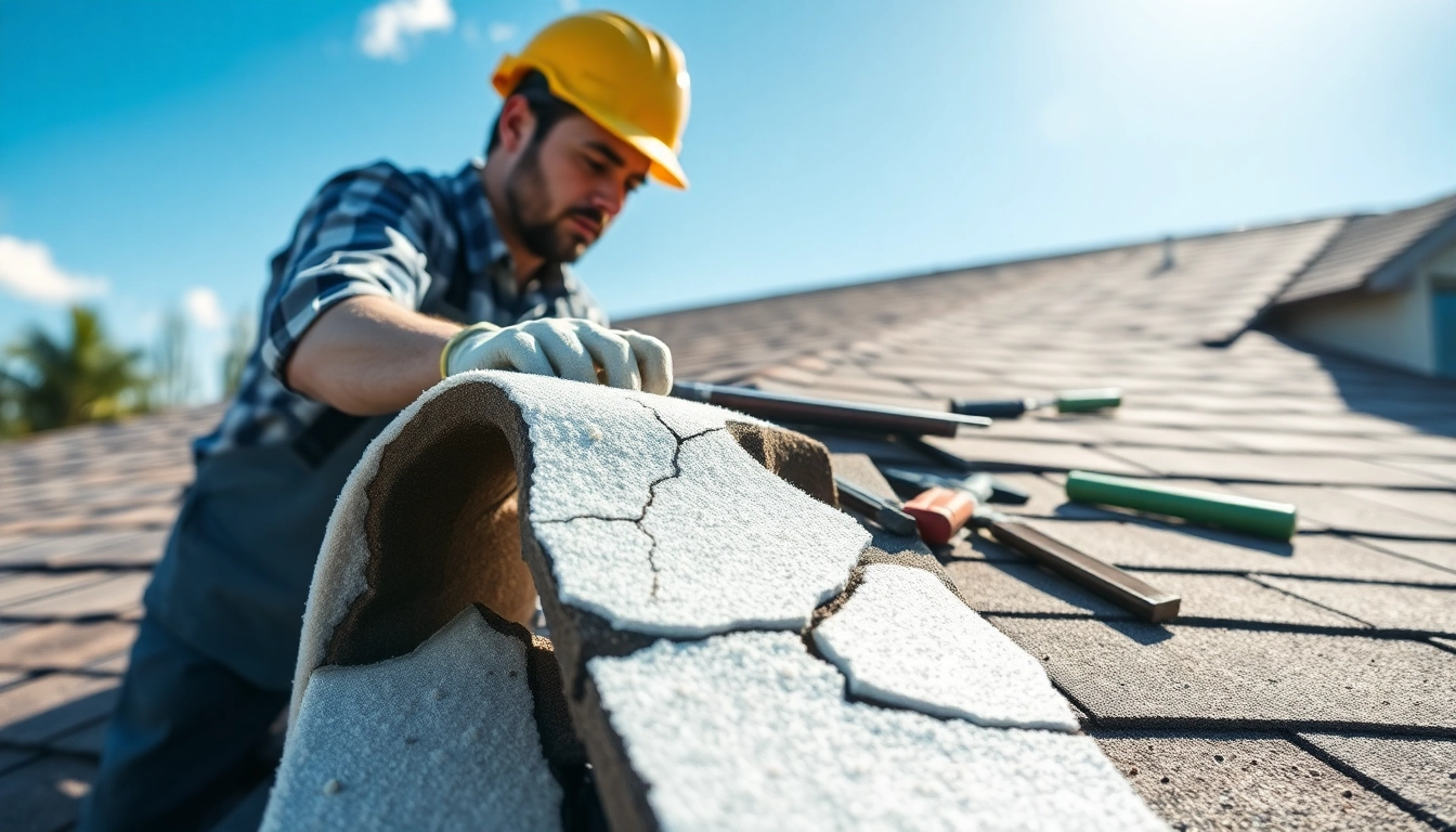 Inspecting spray foam roof damage showing cracks and wear in a suburban setting.