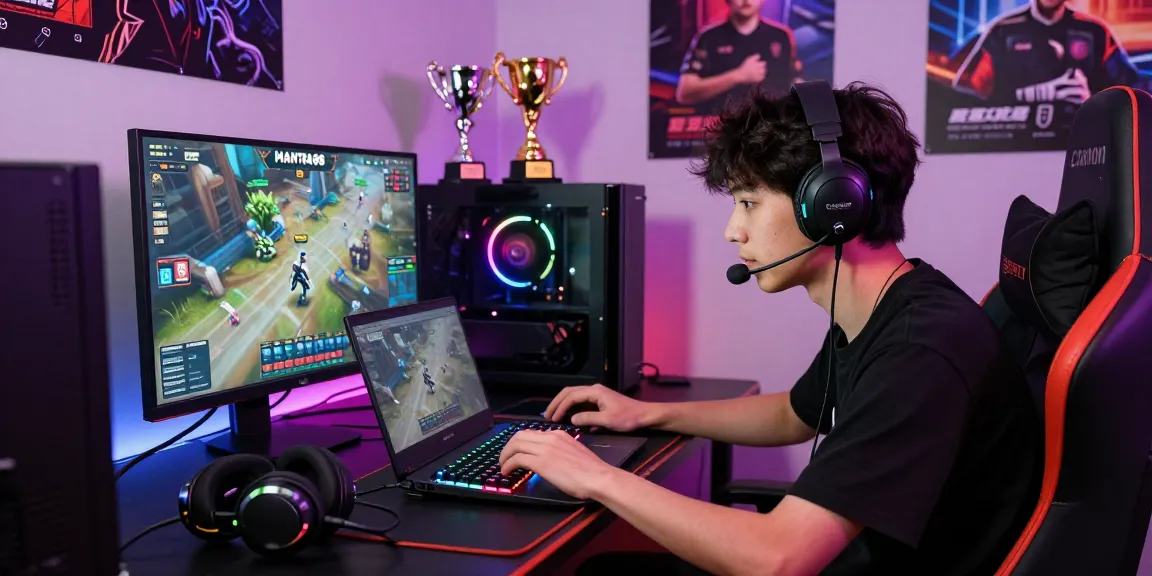 Engaged gamer playing on MANTRA88 platform in vibrant gaming setup with colorful lights and accessories.
