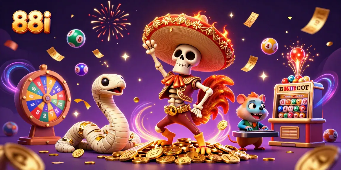 Engage in thrilling lottery experiences with 88i animated action featuring vibrant characters and festive gambling elements.