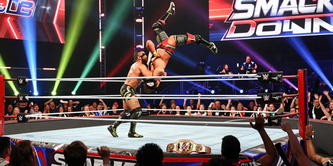 WWE SmackDown wrestlers in action during an electrifying match with cheering fans.