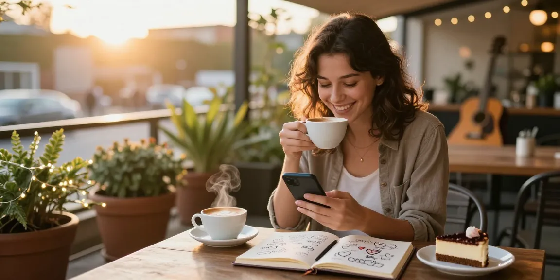 Cozy café scene of a woman enjoying coffee while thinking about her crush on someone, with soft lighting and intimate atmosphere.