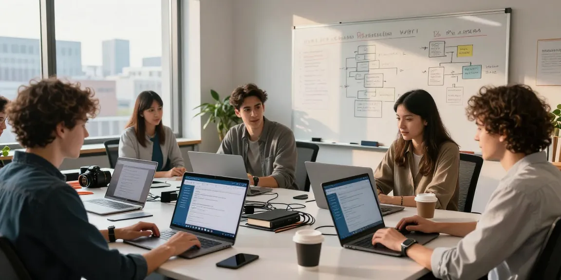 Developers collaborating on Telegram Web Version in a vibrant office environment, showcasing teamwork and technology.
