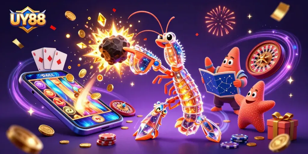Experience UY88 casino excitement with a galactic samurai in action, filled with vibrant slots and treasures.