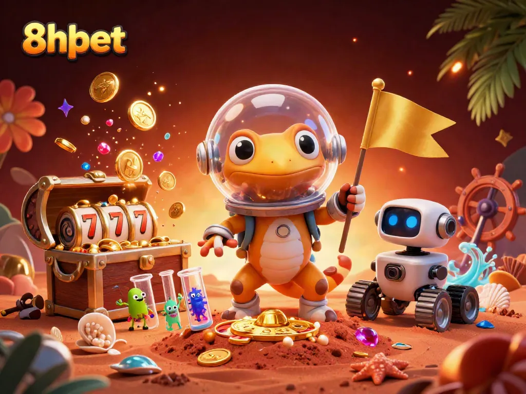 Experience the excitement of 8xbet casino with a Martian gecko discovering riches in a vibrant scene.