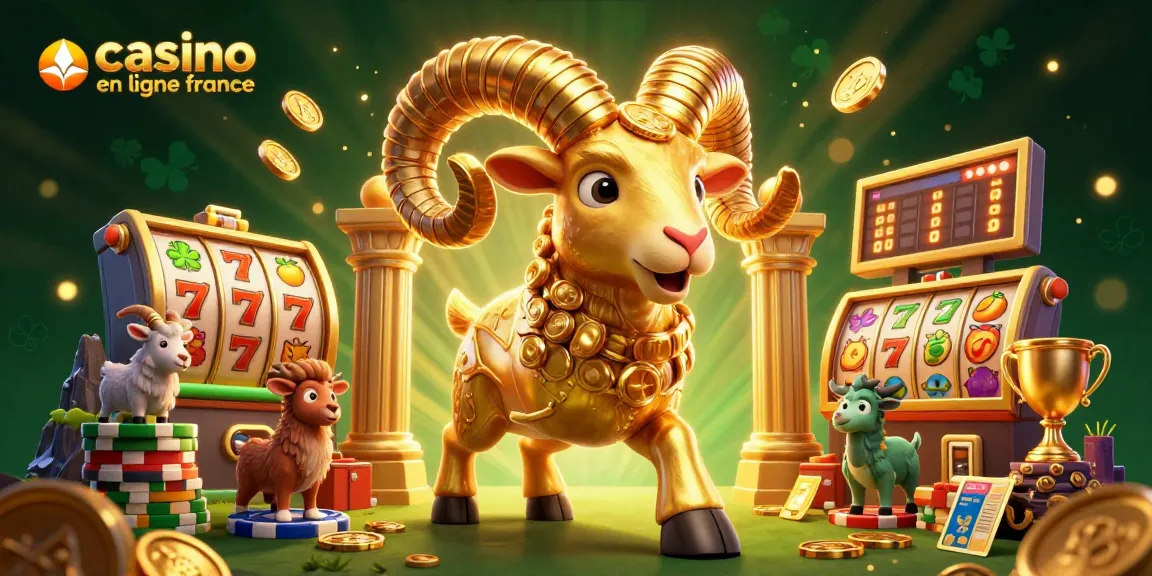 Visitez le casino en ligne France avec un bélier doré chargé à un portail rempli de jackpots et symboles chanceux.