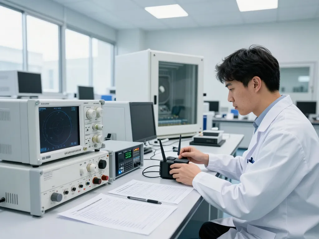 Technician performing ISED EMC compliance testing in a modern lab environment with advanced technology and equipment.