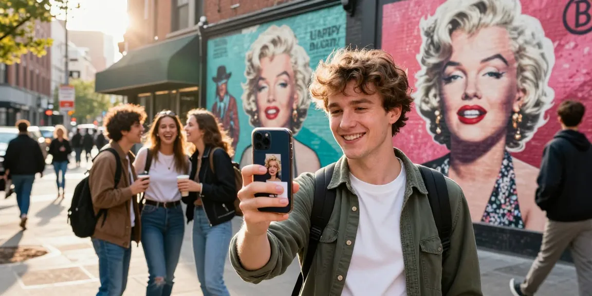 A person taking a selfie while discovering who looks like a celebrity with an app in a vibrant urban setting.
