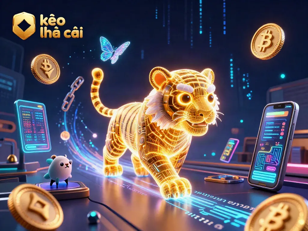 Experience kèo nhà cái with a vibrant digital casino scene featuring a golden tiger and cryptocurrency elements.