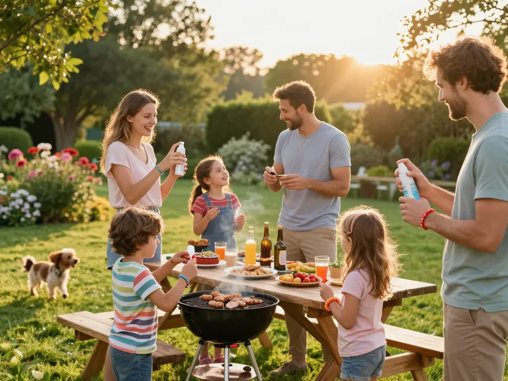 Family applying the Best Mosquito Repellent while enjoying a summer barbecue outdoors.