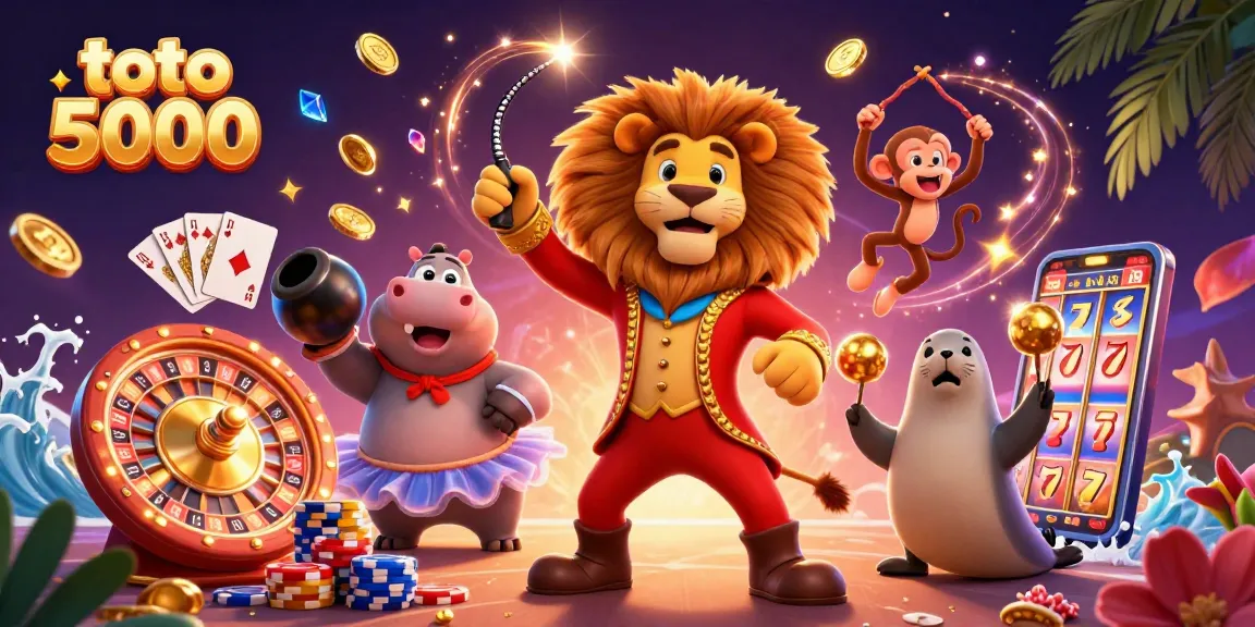 Engage with the vibrant toto 5000 gaming world, featuring circus characters and casino elements.