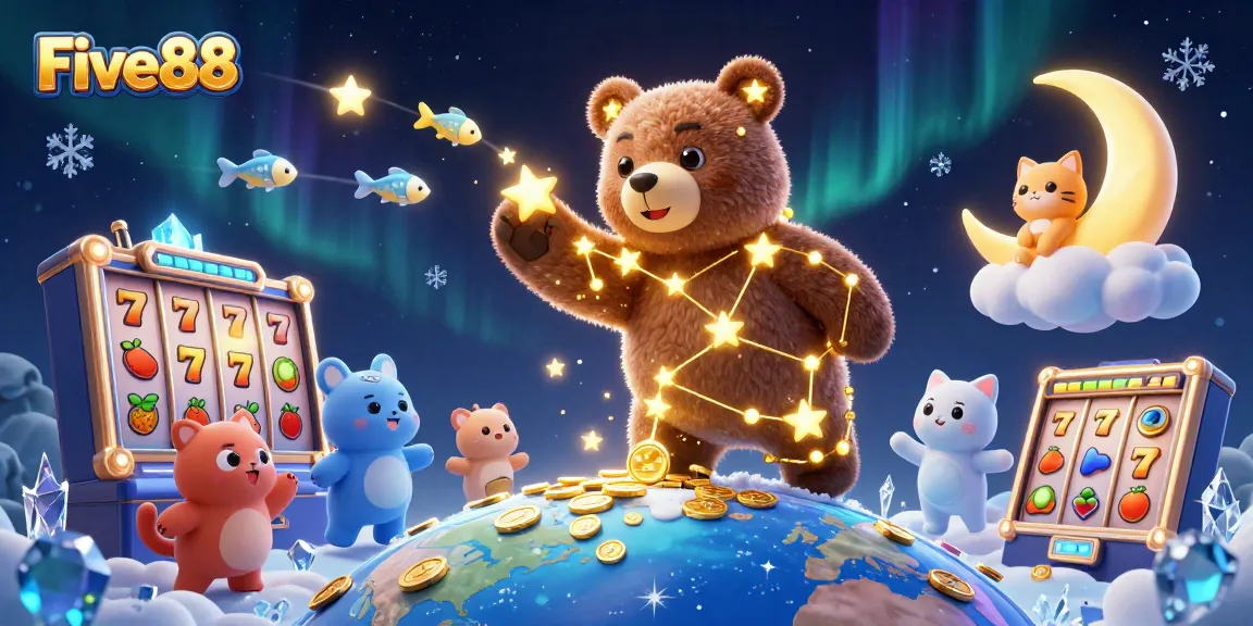Win big with Five88 in this vibrant 3D illustration of casino slots featuring lucky symbols and golden coins.
